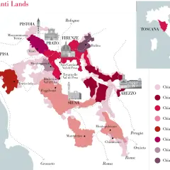 Mappa delle terre del Chianti, con città come Firenze, Siena, Pisa e Arezzo. Le aree colorate indicano le diverse denominazioni, tra cui Chianti Rufina.