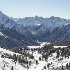 Panorami innevati di Canazei in inverno, con montagne maestose, boschi di conifere e un villaggio nascosto nella valle.