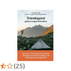 Copertina del libro "Translagorai", guida interattiva per il trekking sui Lagorai, con tenda e sentiero in montagna.