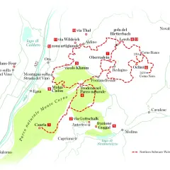 Mappa escursionistica del Parco Naturale Monte Corno, con sentieri rossi tratteggiati e luoghi come Corno Bianco e Corno Nero.