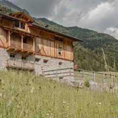 Edificio in pietra e legno con balconi, immerso nel verde alpino. Un cartello rosso indica "Hotel Rabbi".