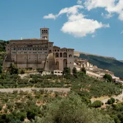 La Basilica di San Francesco domina il colle di Assisi, circondata da uliveti e montagne verdi sotto un cielo azzurro con nuvole bianche.