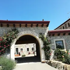 Ingresso in pietra del relais La Colombara, con rose rosse rampicanti e un arco che porta a un cortile interno.