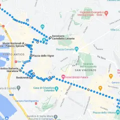 Percorso a piedi tra i principali luoghi da visitare a Genova: Musei Nazionali, Porto Antico, Piazza delle Vigne, Casa di Colombo, Piazza della Vittoria.