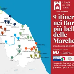 Mappa dei 9 itinerari nei borghi più belli delle Marche, un viaggio tra castelli e borghi storici.