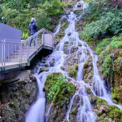 Una persona osserva le **cascate del Varone** da una passerella metallica. L'acqua scende a cascata su rocce ricoperte di muschio, immersa nel verde.