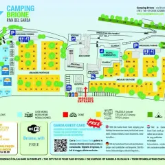 Mappa del camping Brione a Riva del Garda, con aree per tende, camper, bungalow, piscina, reception e servizi.
