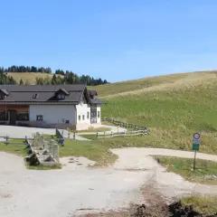 Malga Arpaco, un edificio bianco con tetto scuro, si erge su un prato verde sotto un cielo azzurro.