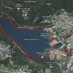 Percorso del giro del lago di Levico, con sentieri, borghi e punti panoramici.