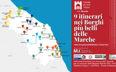 Mappa dei 9 itinerari nei borghi più belli delle Marche, un viaggio tra castelli e borghi storici.