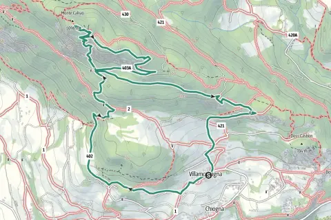 Mappa escursionistica del Monte Calisio con sentieri segnati, dislivelli e località come Villamagna e Chiogna.
