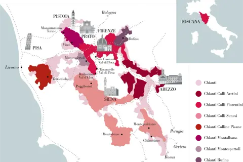 Mappa delle terre del Chianti, con città come Firenze, Siena, Pisa e Arezzo. Le aree colorate indicano le diverse denominazioni, tra cui Chianti Rufina.