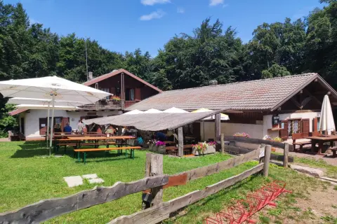 Rifugio immerso nel verde, con tavoli all'aperto e un'area relax. La verla di Giovo, un luogo ideale per una pausa nella natura.
