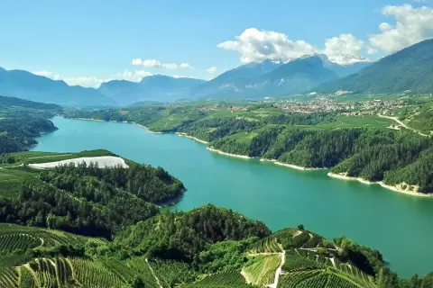 Vista aerea del lago artificiale della diga di Santa Giustina, circondato da rigogliose colline coltivate a vigneti e frutteti, con montagne innevate all'orizzonte.