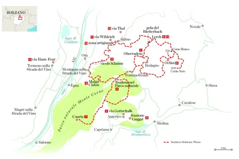 Mappa escursionistica del Parco Naturale Monte Corno, con sentieri rossi tratteggiati e luoghi come Corno Bianco e Corno Nero.