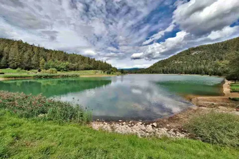 Il lago di Tavon, circondato da boschi verdi, riflette un cielo nuvoloso.