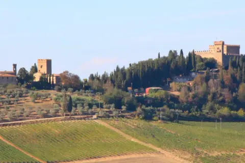 Colline toscane con vigneti e uliveti, e in lontananza castelli e torri, un'idea di cosa vedere a Poggibonsi.