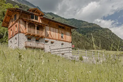Edificio in pietra e legno con balconi, immerso nel verde alpino. Un cartello rosso indica "Hotel Rabbi".