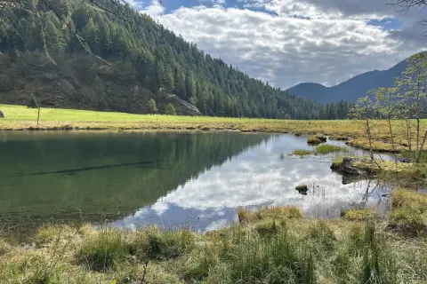 Tranquillo lago Covel riflette il cielo nuvoloso e la foresta che ricopre la montagna.