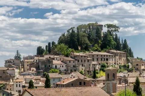 Panoramica di Cetona, borgo toscano con case in pietra e torri, un luogo incantevole da esplorare.