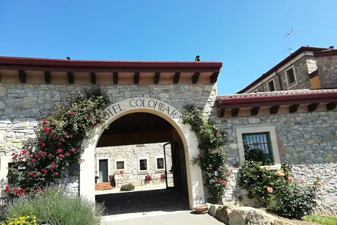 Ingresso in pietra del relais La Colombara, con rose rosse rampicanti e un arco che porta a un cortile interno.