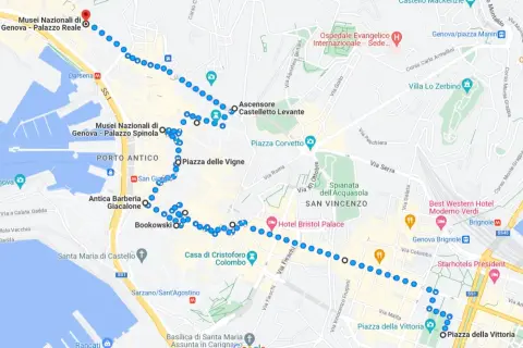 Percorso a piedi tra i principali luoghi da visitare a Genova: Musei Nazionali, Porto Antico, Piazza delle Vigne, Casa di Colombo, Piazza della Vittoria.