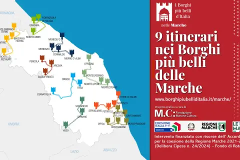 Mappa dei 9 itinerari nei borghi più belli delle Marche, un viaggio tra castelli e borghi storici.