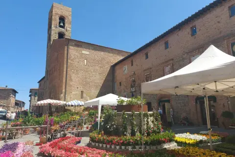 Mercato fiorito a Casole d'Elsa, con bancarelle colorate e un'antica torre campanaria sullo sfondo.