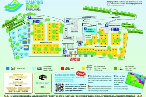 Mappa del camping Brione a Riva del Garda, con aree per tende, camper, bungalow, piscina, reception e servizi.