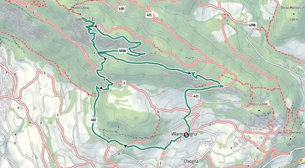 Mappa escursionistica del Monte Calisio con sentieri segnati, dislivelli e località come Villamagna e Chiogna.