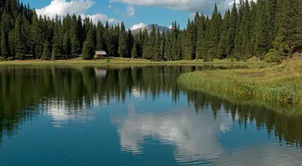Riflessi di un cielo azzurro e nuvoloso sul lago di Cece, circondato da fitti abeti e una piccola baita.