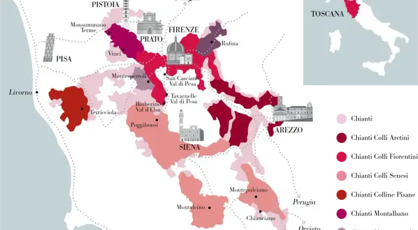 Mappa delle terre del Chianti, con città come Firenze, Siena, Pisa e Arezzo. Le aree colorate indicano le diverse denominazioni, tra cui Chianti Rufina.