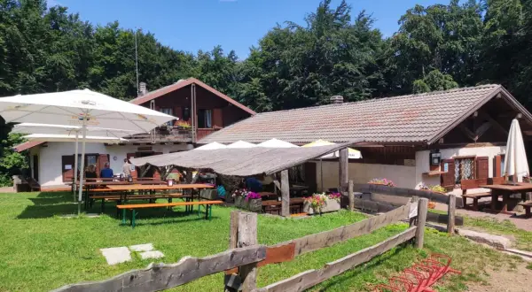 Rifugio immerso nel verde, con tavoli all'aperto e un'area relax. La verla di Giovo, un luogo ideale per una pausa nella natura.