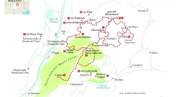 Mappa escursionistica del Parco Naturale Monte Corno, con sentieri rossi tratteggiati e luoghi come Corno Bianco e Corno Nero.