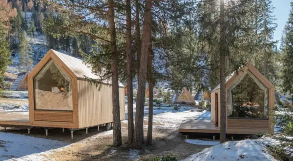 Piccole case in legno con grandi vetrate, immerse in un bosco innevato. Un'oasi di pace per alloggi particolari.