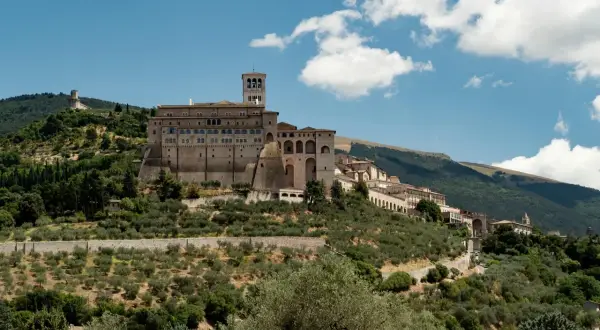 La Basilica di San Francesco domina il colle di Assisi, circondata da uliveti e montagne verdi sotto un cielo azzurro con nuvole bianche.