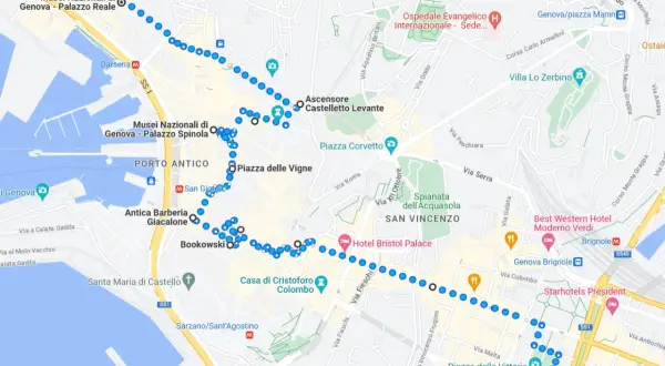 Percorso a piedi tra i principali luoghi da visitare a Genova: Musei Nazionali, Porto Antico, Piazza delle Vigne, Casa di Colombo, Piazza della Vittoria.