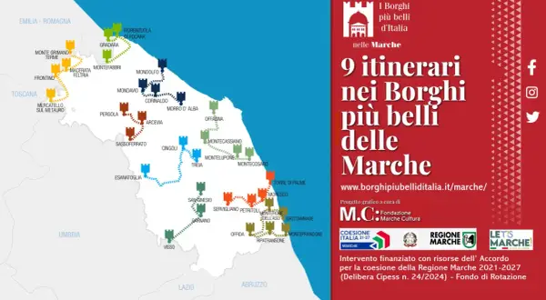 Mappa dei 9 itinerari nei borghi più belli delle Marche, un viaggio tra castelli e borghi storici.