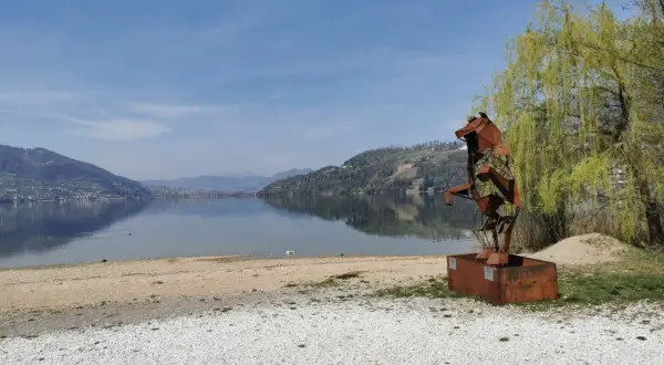 Scultura metallica di un cane sulla riva del lago di Caldonazzo, con montagne riflesse sull'acqua calma.