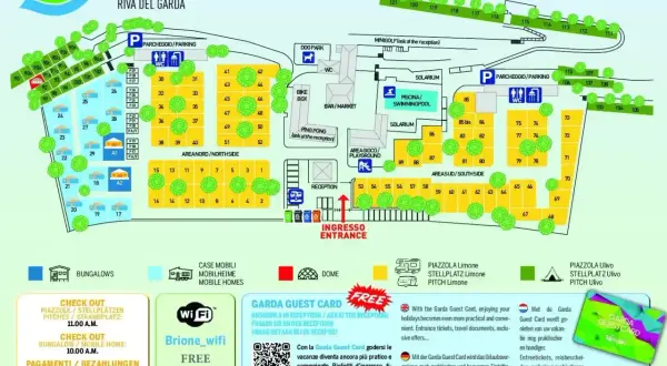 Mappa del camping Brione a Riva del Garda, con aree per tende, camper, bungalow, piscina, reception e servizi.