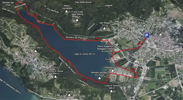 Percorso del giro del lago di Levico, con sentieri, borghi e punti panoramici.