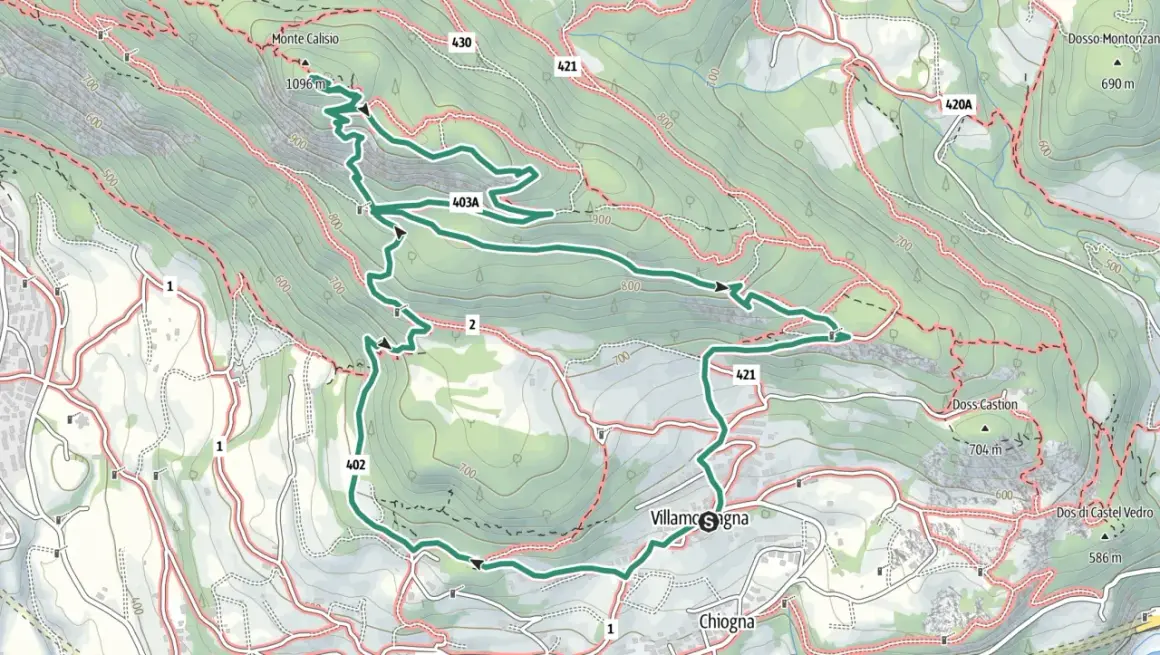 Mappa escursionistica del Monte Calisio con sentieri segnati, dislivelli e località come Villamagna e Chiogna.