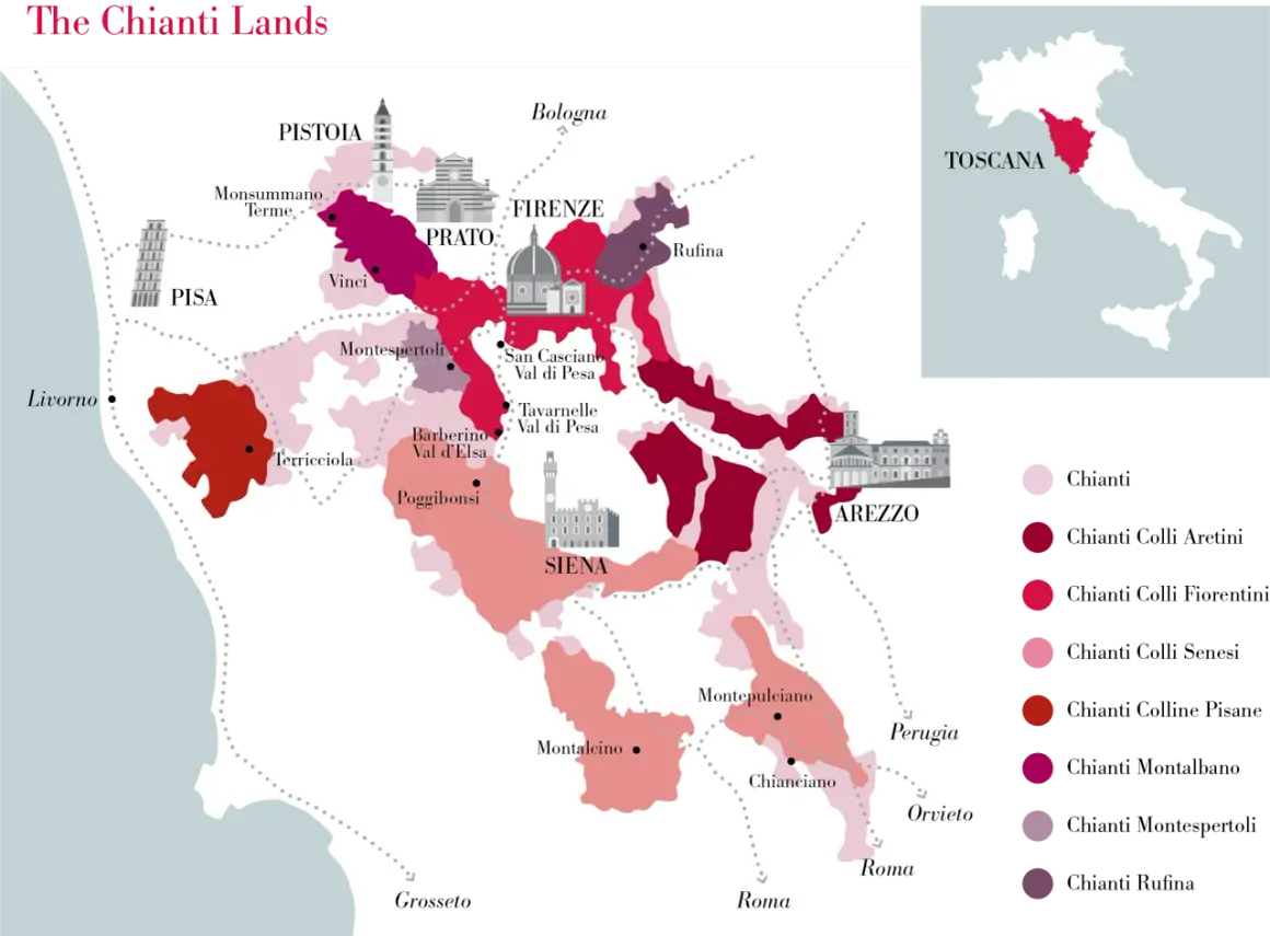 Mappa delle terre del Chianti, con città come Firenze, Siena, Pisa e Arezzo. Le aree colorate indicano le diverse denominazioni, tra cui Chianti Rufina.