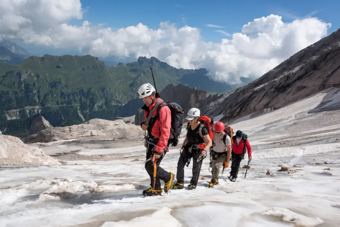 Alpinisti in cordata attraversano un ghiacciaio innevato, con montagne verdi sullo sfondo. Un'avventura al Passo Fedaia.