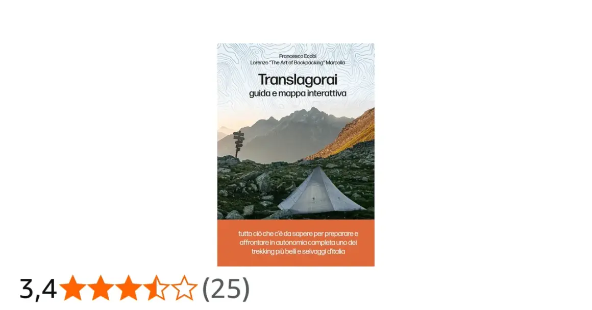 Copertina del libro "Translagorai", guida interattiva per il trekking sui Lagorai, con tenda e sentiero in montagna.