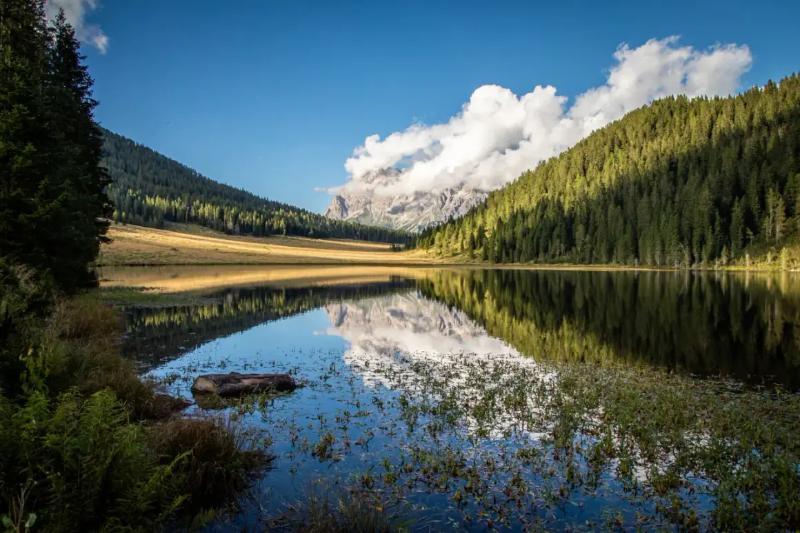 Riflessi perfetti sul lago di Calaita, con montagne imponenti e foreste verdi che si specchiano nell'acqua calma.