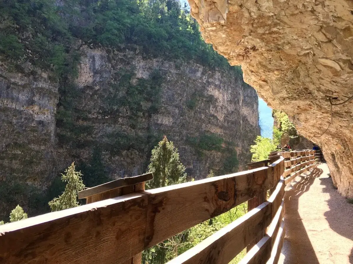Sentiero panoramico San Romedio scavato nella roccia, con parapetto in legno e vista su una gola verdeggiante.