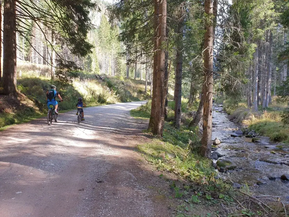 Ciclisti su sentiero nel bosco, con un ruscello che scorre accanto. Un'immagine che evoca la pace del lago di Cece.