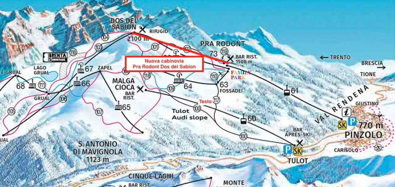 Mappa delle pinzolo piste da sci con la nuova cabinovia Pra Rodont Dos del Sabion.