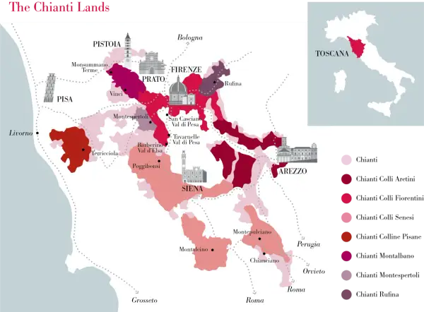 Mappa delle terre del Chianti, con città come Firenze, Siena, Pisa e Arezzo. Le aree colorate indicano le diverse denominazioni, tra cui Chianti Rufina.